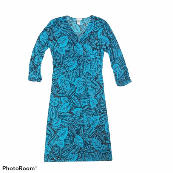 VTG Laura Ashley Turquoise Teal Mocha Brown Jersey Knit Bodycon Midi Dress S/M - Picture 6 of 10